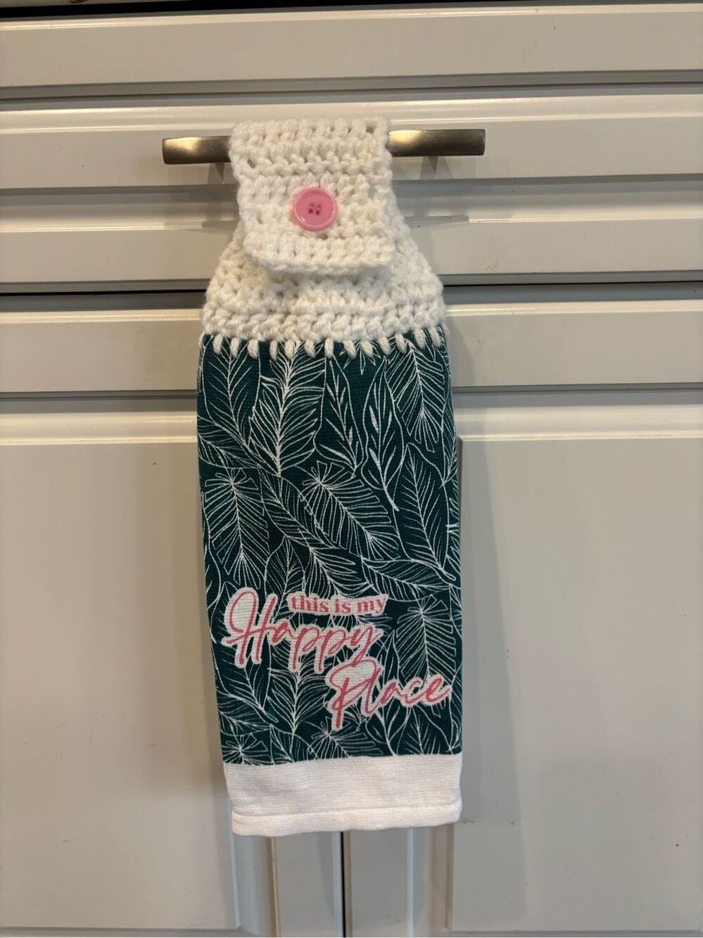 Crochet Top Kitchen Towel- This is my happy place-pink letters